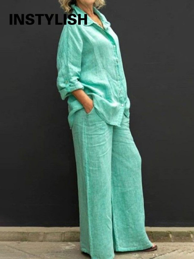 Women's Two Piece Pant Autumn Linen Lapel Shirt Pieces Set Vintage Solid Long Sleeve Button Blouse and Loose Straight Pants Casual Suits 230314