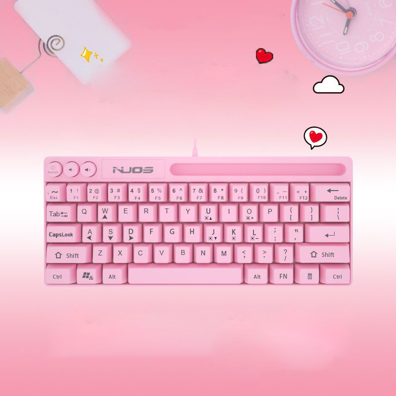 NUOS 64 Keys Pink Keyboard USB Color Backlit Wired Office Portable Mini Keypad Phone Holder Gamer Keyboard for Laptop PC