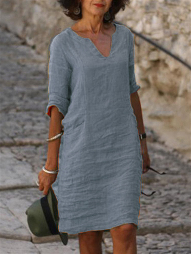 Casual Dresses Eotvotee Cotton Linen Dress 3 Quarter Vintage Casual V Neck Loose Waist Midi Beach Dress Women Clothing Green Blue Yellow Robe 230316
