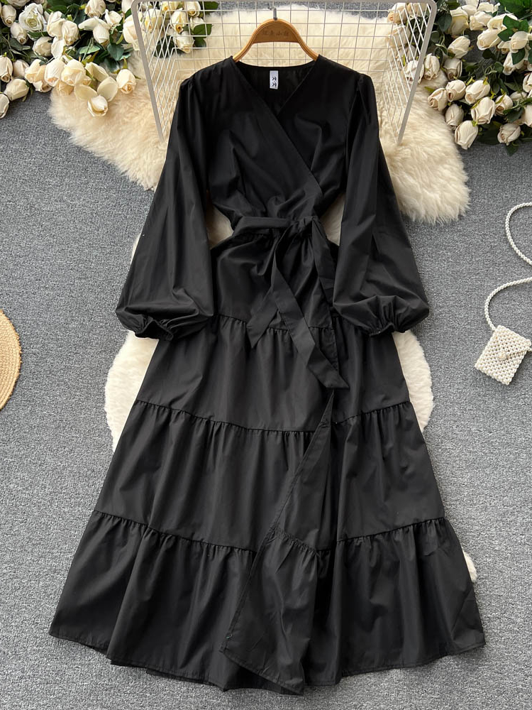 Casual Dresses Aibeautyer Casual Summer Solid Slim Full Lady Dress A Line Chiffon Puff Sleeve Pullover Mid-Calf High Waist Women Dresses 230316