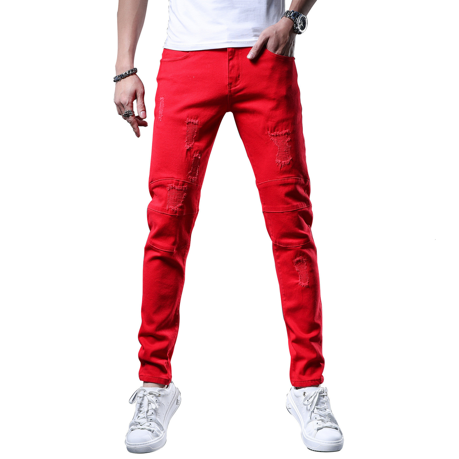 Men's Jeans Yellow Red White Jeans Men Fashion Slim Fit Straight Pants Summer Streetwear Ripped Patch Denim Trousers 230316