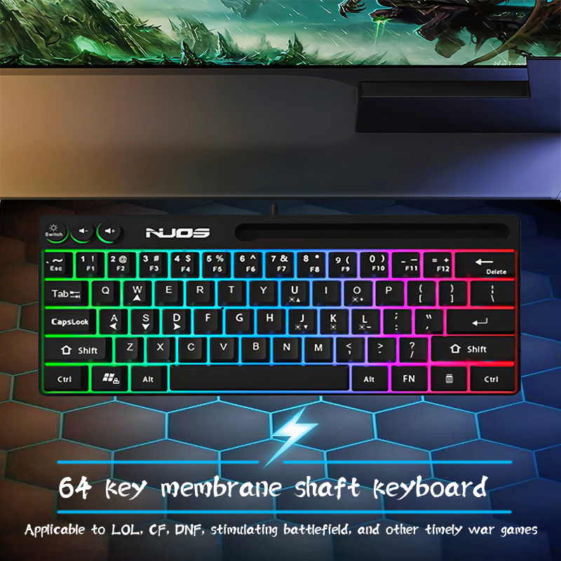 NUOS 64 Keys Pink Keyboard USB Color Backlit Wired Office Portable Mini Keypad Phone Holder Gamer Keyboard for Laptop PC