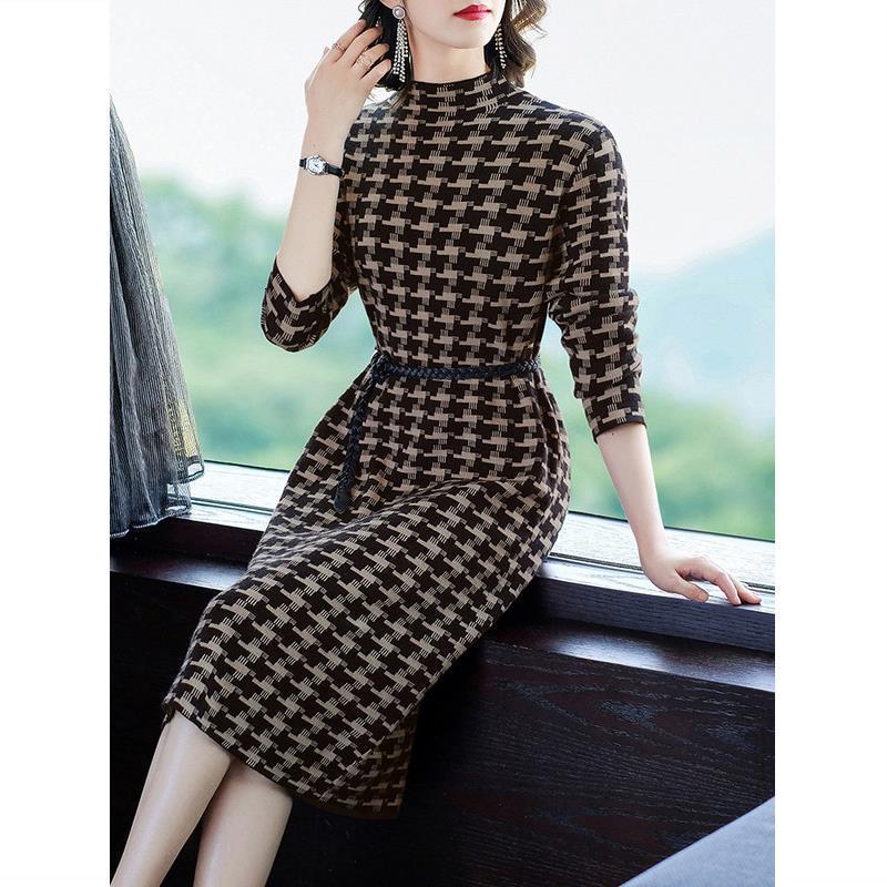 Casual Dresses Casual Dress For Women Female Knitting Clothes For Srping Autumn Turtleneck Plaid Thicken Slim Knee-Length Bottom Vestidos 230316