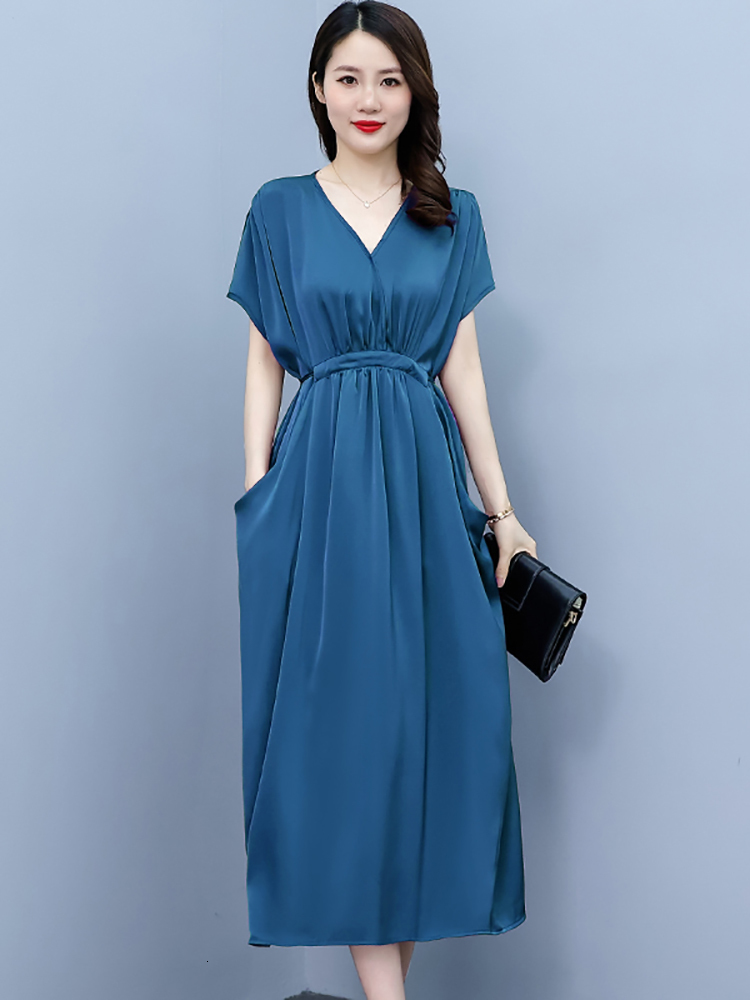 Casual Dresses Summer Casual Satin Bodycon Midi Robe Women Chic Prom Party V-Neck Sexy Night Dress Fashion Elegant Solid Beach Long Dress 230316
