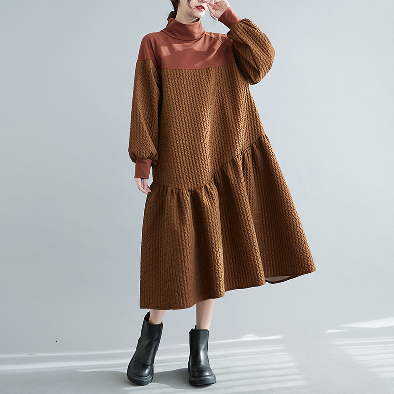 Casual Dresses Long Sleeve Patchwork Dresses For Women Stand Collar Loose Casual Vintage Dress Fashion Elegant Clothing Spring Autumn 230316