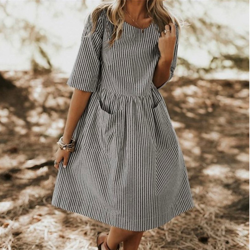 Casual Dresses Summer women's round neck stripe pocket retro half sleeve large street loose casual sun dress women's Robe 230316