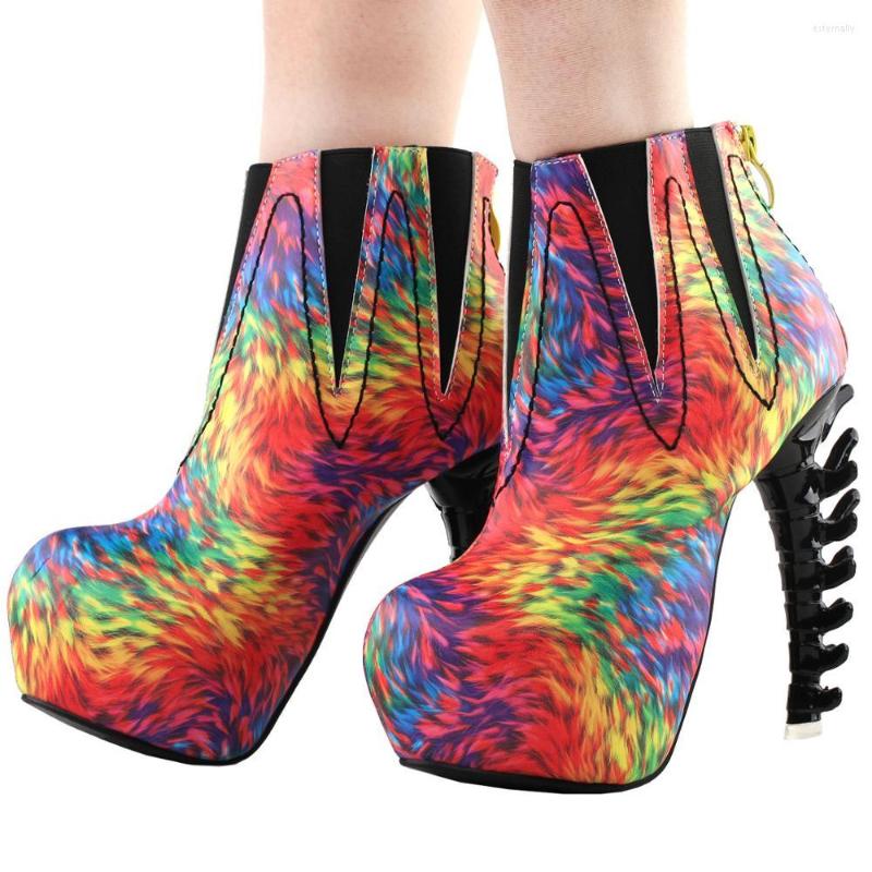 Dress Shoes SHOW STORY Cool Multicoloured Feather Print High-top Bone Heels Platform Ankle Boots