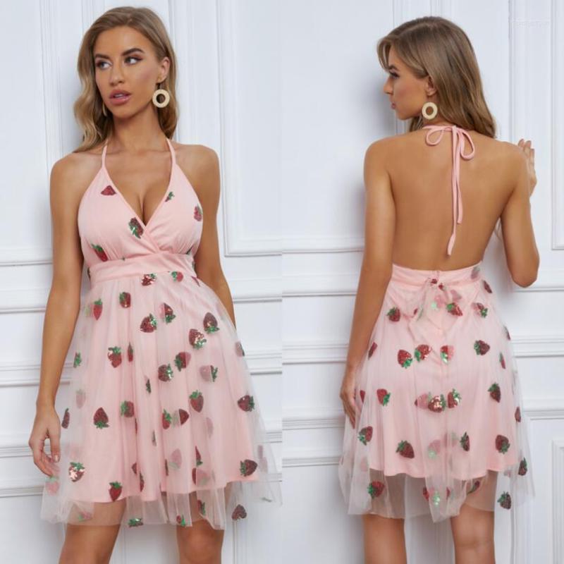 Casual Dresses Strawberry Dress Women Deep V Mesh Spaghetti Strap Backless Halter Neck Sequins Embroidery Party Vestidos W160, Pink
Casual Dresses Strawberry Dress Women Deep V Mesh Spaghetti Strap Backless Halter Neck Sequins Embroidery Party Vestidos W160, Pink