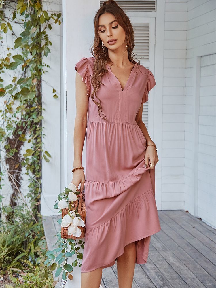 Casual Dresses Ladies Vintage Fashion Solid Long Dress Women Casual Slim Ruffles Office Lady Summer Women Dress Female Robe Vestidos De Mujer 230316