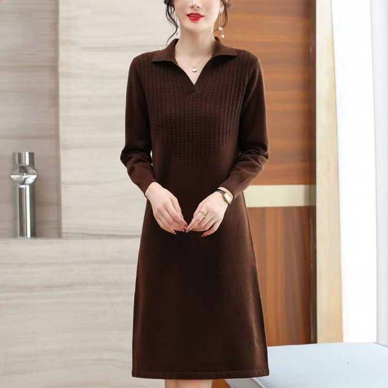 Casual Dresses Oversize Women Knitting Sweater Dress For Spring Autumn Casual Turn Collar Pullover Solid Patchwork Slim Female Dresses 230316