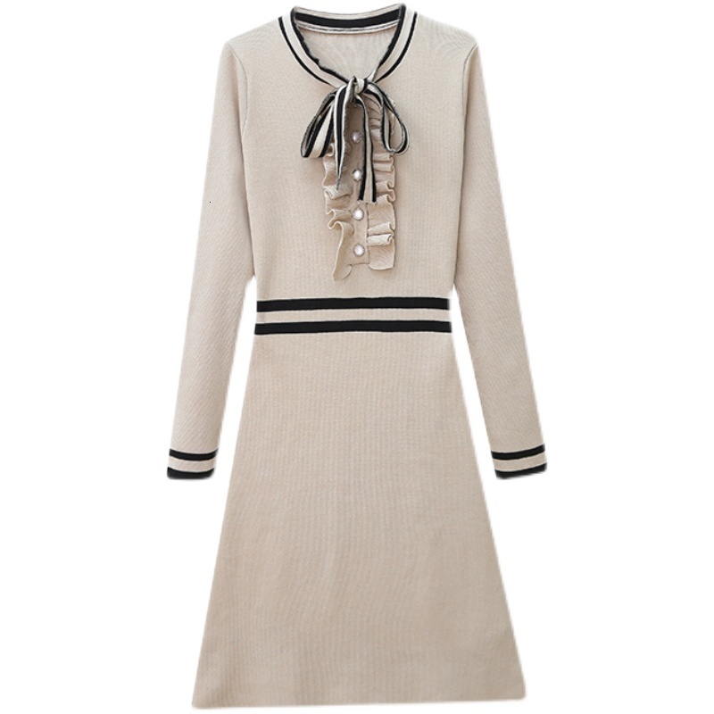 Casual Dresses Vintage Bow Collar Knitted Dress Women Aurumn Winter French Elegant Warm Long Sleeve Short Dresses Korean Fashion 230316