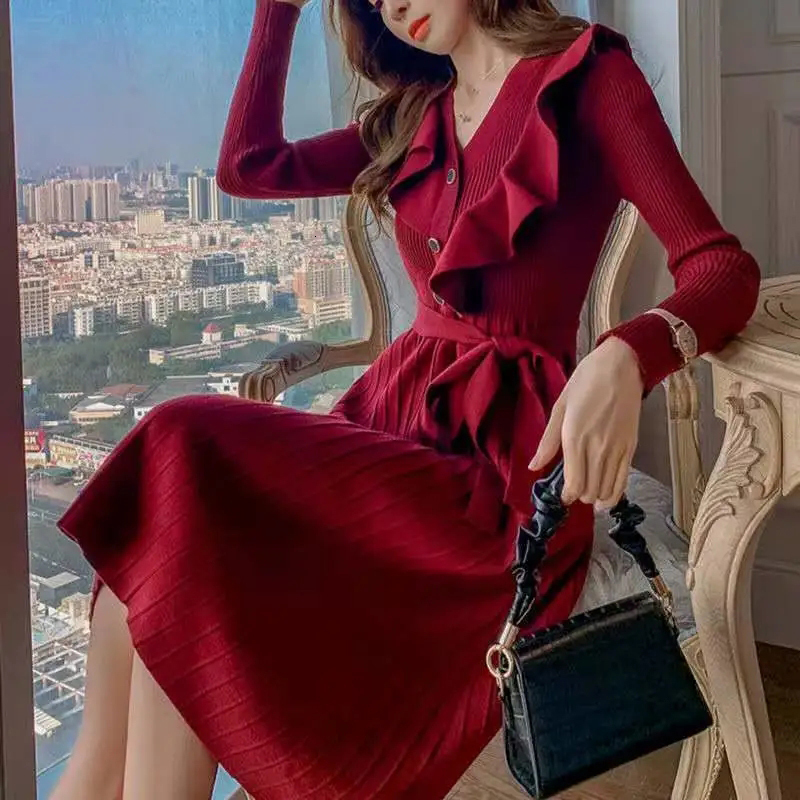Casual Dresses BIYABY Fashion Red Casual Vestidos Women Dress Autumn Winter Bodycon Knitted Sweater Dress Elegant Office Ladies Dress 230316