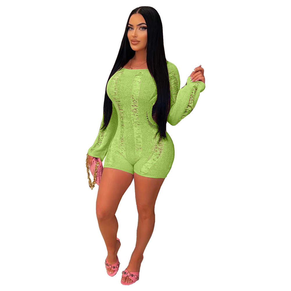 Wholesale Sexy Backless Knitted Short Jumpsuit Long Sleeve See Throught Rompers Night Club Outfits Women Clothing 9472