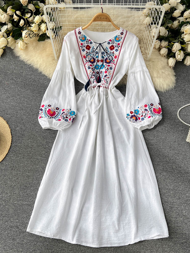 Casual Dresses SINGREINY Embroidary Elegant Women Summer Dress Y2K V Neck Lantern Sleeves Slim Adjustable Waist Ladies A Line Long Dresses 230316