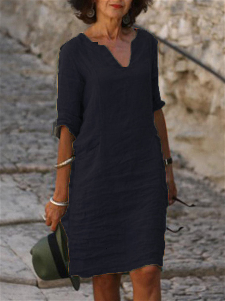 Casual Dresses Eotvotee Cotton Linen Dress 3 Quarter Vintage Casual V Neck Loose Waist Midi Beach Dress Women Clothing Green Blue Yellow Robe 230316