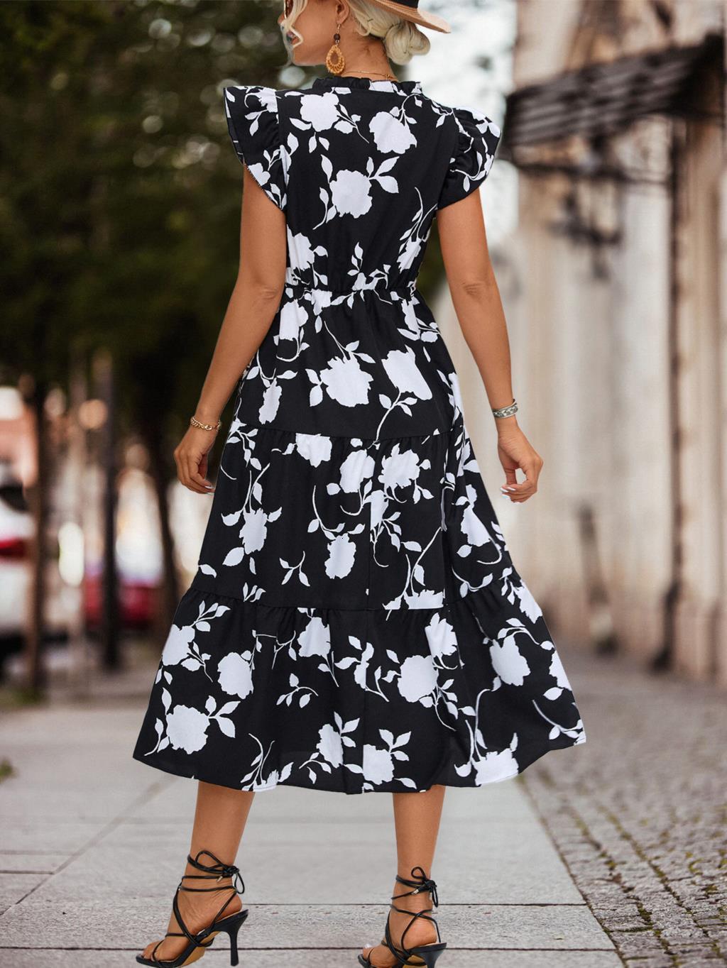 Casual Dresses Black Print Flying Office Elegant A-line Cherry Invasion Spring Summer Casual Floral Printed V-Neck Mid-Calf Dress WomenY2k 230316