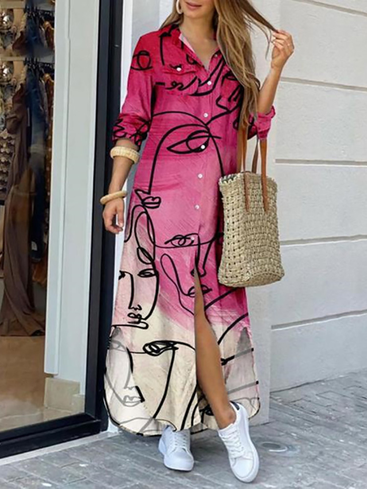 Casual Dresses Cardigan Dress Casual Irregular Women Maxi Dress Summer Solid V-Neck Long Sleeve Ladies Dress Button Holiday Vintage Streetwear 230316