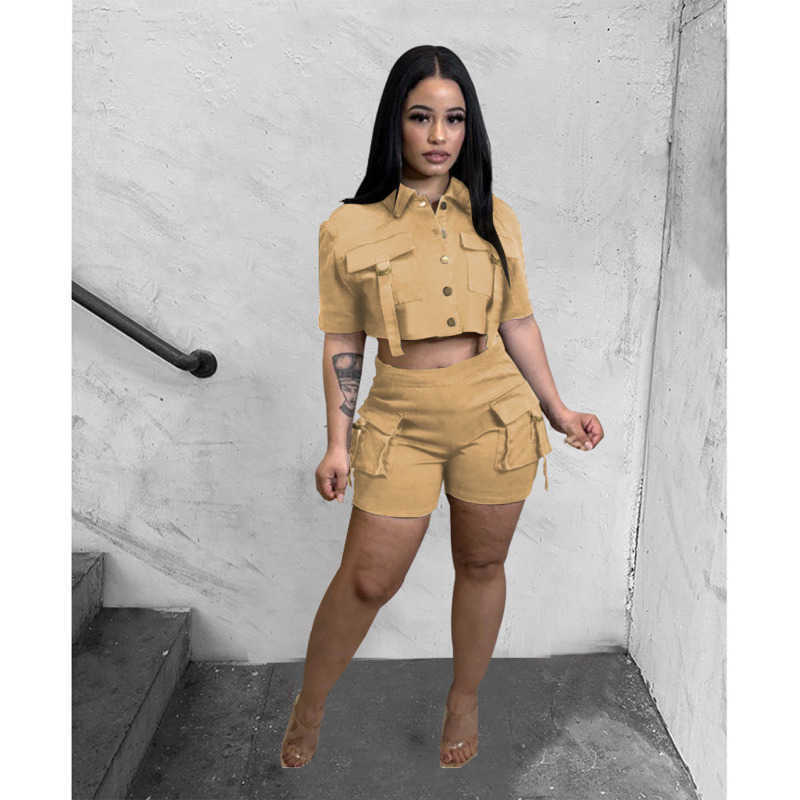 Women Tracksuits Designer Summer Button Multi Pocket Two Piece Set Elastic Short Sleeved Tops And Shorts Outfits 5 Colours