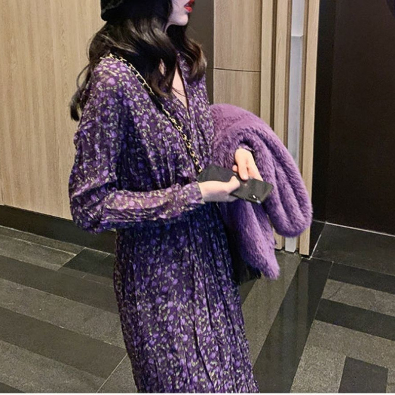 Casual Dresses Dresses Women Print Long Sleeve Casual V-neck Elegant All-match Spring French Style Vintage Feminino Chiffon Soft Purple Simple 230316