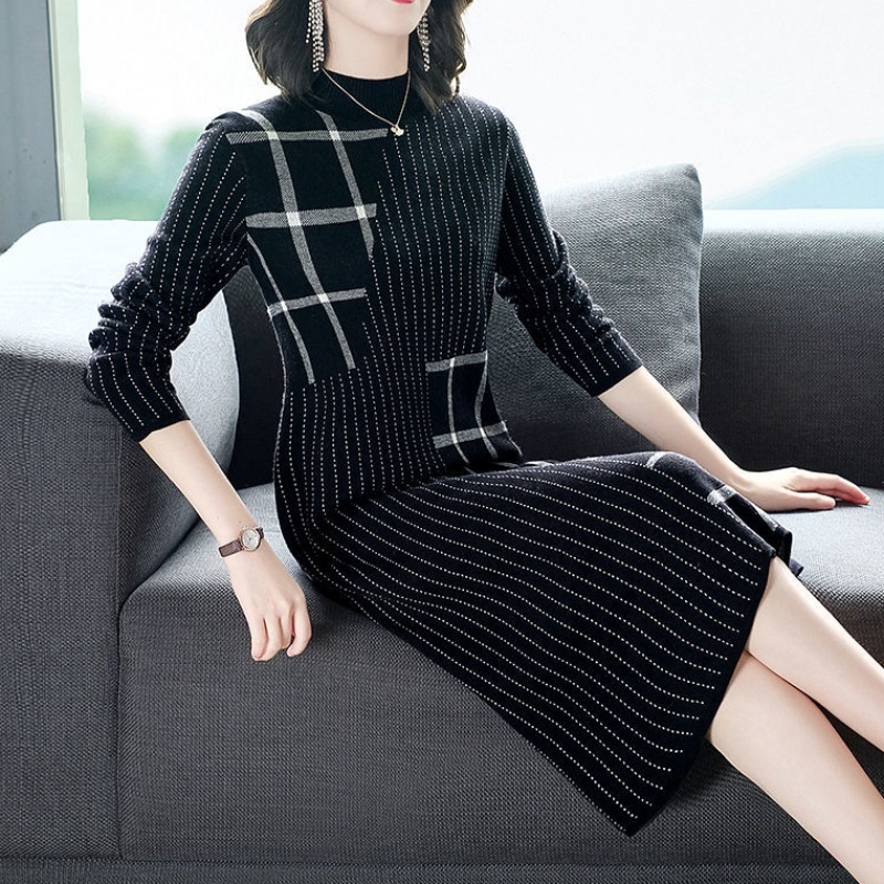 Casual Dresses Knitted Sweater Dress Female Autumn Winter Dress Long Sleeve Half Turtleneck Sweater Women Dress Office Lady Casual Mid Dress 230316