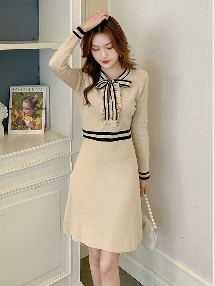 Casual Dresses Vintage Bow Collar Knitted Dress Women Aurumn Winter French Elegant Warm Long Sleeve Short Dresses Korean Fashion 230316