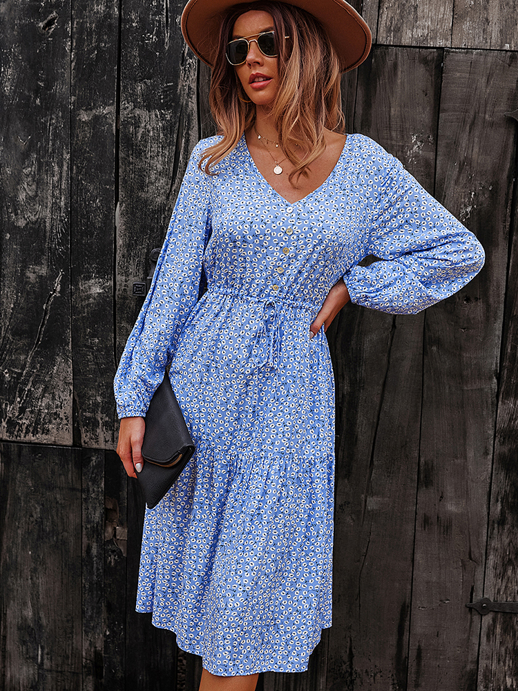 Casual Dresses Elegant Autumn Winter Ladies Floral Print Long Chic Dress Women Casual Holiday Style Lace Up Full Sleeve Button Dress 230316