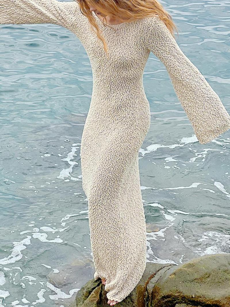 Casual Dresses Female Long Dress Solid Color Round Neck Sleeve Backless Single Piece Spring Outfit Beige Outfits High Streetwear
Casual Dresses Female Long Dress Solid Color Round Neck Sleeve Backless Single Piece Spring Outfit Beige Outfits High Streetwear