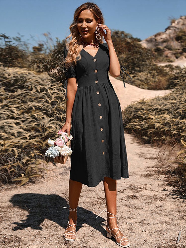 Casual Dresses Msfilia Summer Women's Short Sleeve V Neck Solid Color Single Breasted Cotton Linen A Line Causal Dress 230316