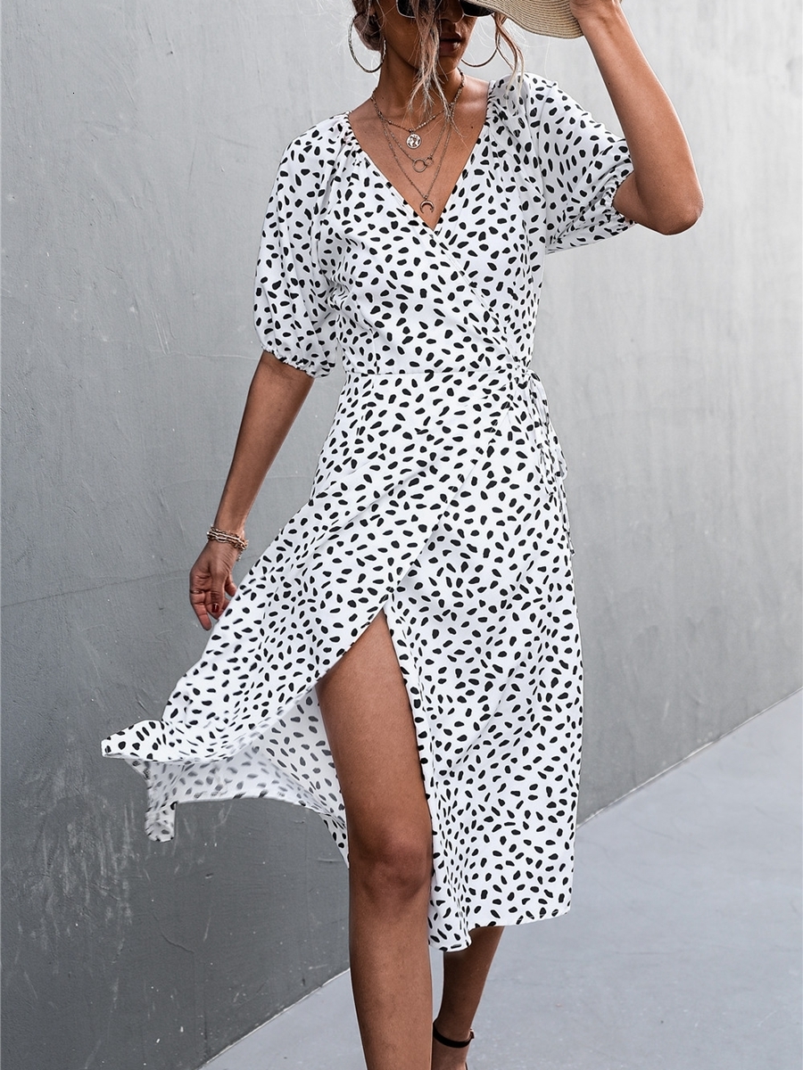 Casual Dresses Summer Wrap Dresses for Woman Short Sleeve V Neck Chiffon Dress Polka Dot Casual Fashion Streetwear Female Elegant Midi Dress 230316