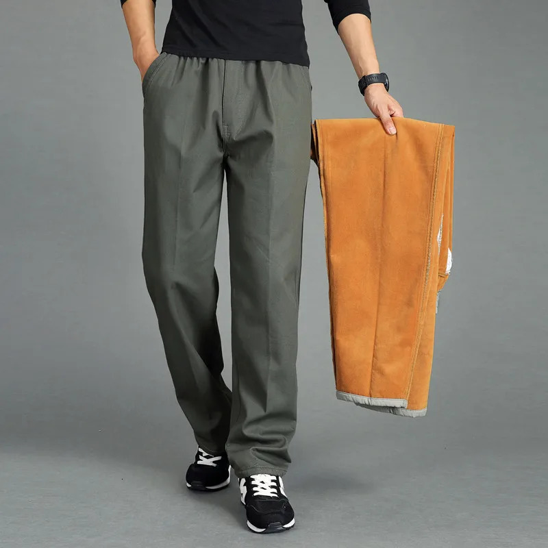 Men's Pants Men's Winter Warm Cargo Pants Casual Elastic Cotton Thick Fleece Pants Mens Straight Loose Business Thermal Trousers Jogger 6XL 