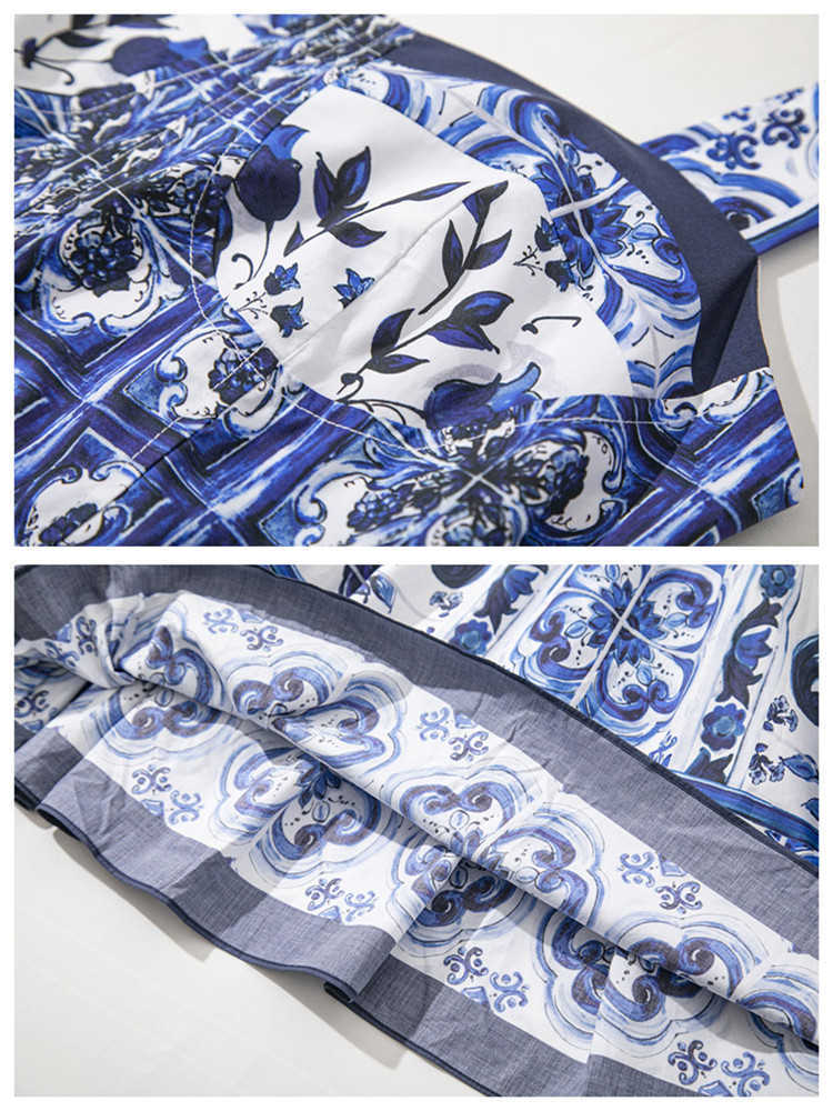 Casual Dresses Summer Hoiday Blue And White Porcelain Flower Printing Cotton Dress Women Spaghetti Strap Zipper Elastic Backless Midi Vestidos W0315