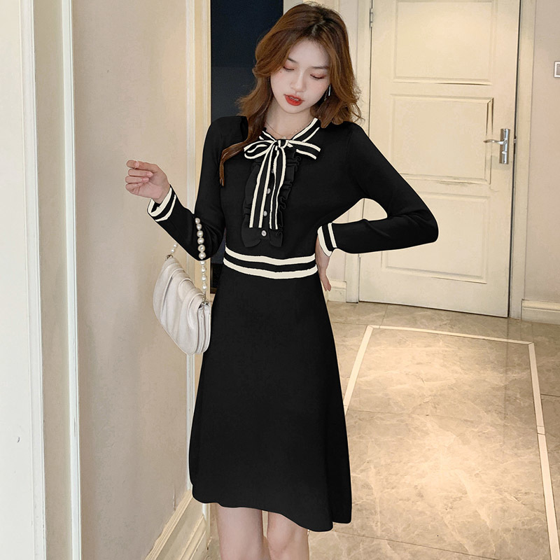 Casual Dresses Vintage Bow Collar Knitted Dress Women Aurumn Winter French Elegant Warm Long Sleeve Short Dresses Korean Fashion 230316