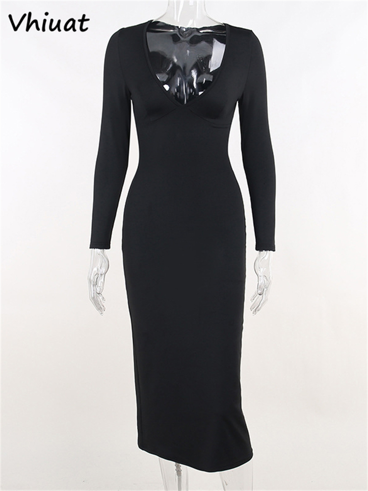 Casual Dresses Vhiuat Women Casual Long Sleeve V Neck Bodycon Midi Dresses Office Ladies Black Elegant Autumn Winter Dress Party Club Evening 230316