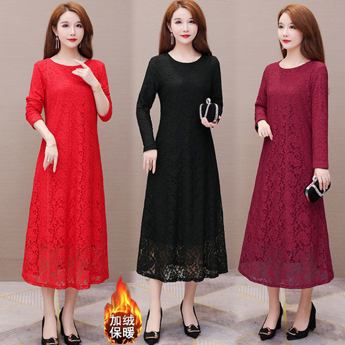 Casual Dresses Spring and Autumn Long-Sleeved Lace Dress Large Size Dress Midi A- Line Dress Woman Dress Vestido De Mujer Femme Robe 230316