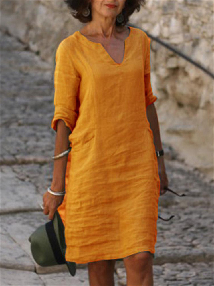 Casual Dresses Eotvotee Cotton Linen Dress 3 Quarter Vintage Casual V Neck Loose Waist Midi Beach Dress Women Clothing Green Blue Yellow Robe 230316