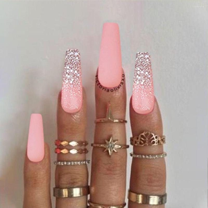 False Nails 24pcs Long Ballerina French Fake Glitter Pure Color Press On Full Cover Detachable Nail Tips, 701-a11 
False Nails 24pcs Long Ballerina French Fake Glitter Pure Color Press On Full Cover Detachable Nail Tips, 701-a11