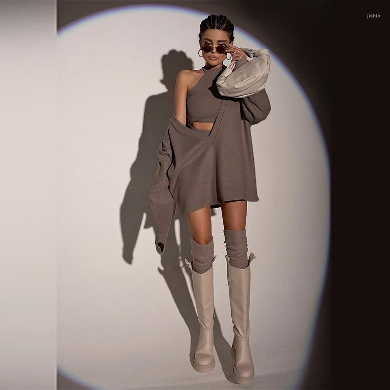 Casual Dresses Knitted 2 Pieces Set Women V-Neck Long Sleeve Pullover With Crop Top Streetwear Solid Autumn Sets Dress