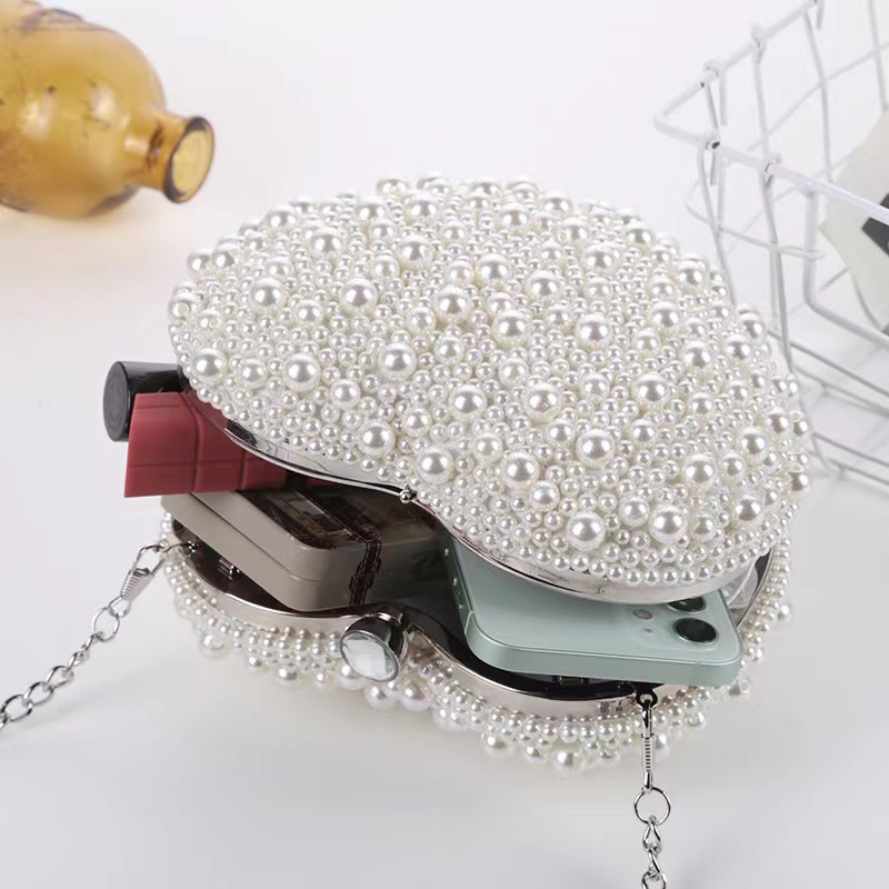 Pearls Heart Shaped Handbags Wedding Clutch Purse Full Side Beads Mini Wallets With Chain Shoulder Bags For Girls Women