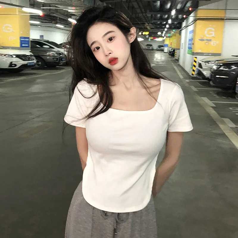 Cotton Square Neck Short Sleeve T-shirt Women' Spring 2022 New Irregular Underlay Small Shirt Spicy Girl Top, Black
Cotton Square Neck Short Sleeve T-shirt Women' Spring 2022 New Irregular Underlay Small Shirt Spicy Girl Top, Black
