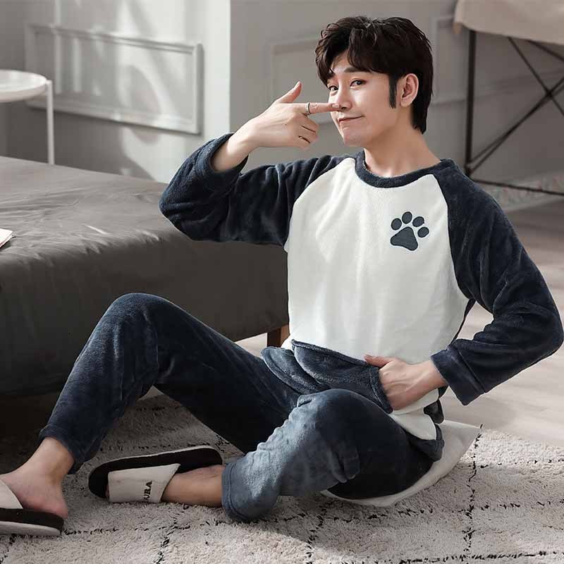 Men's Sleepwear Thicken Warm Flannel Pajamas Set Male Long Sleeved Cartoon Men's Winter Leisure Loose Home Cloth Autumn Loose Men Sleepwear 