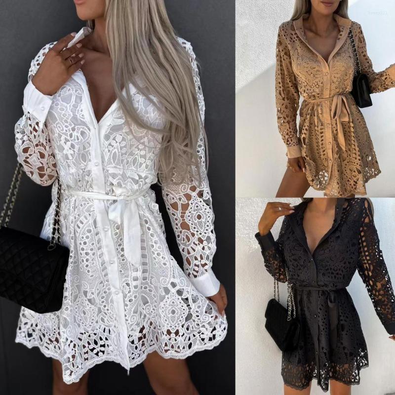 Casual Dresses Shirt Dress Hollow Out Lace Long Sleeve Spring Summer Slim-fitting Belted Above Knee Mini For Daily Wear, Brown
Casual Dresses Shirt Dress Hollow Out Lace Long Sleeve Spring Summer Slim-fitting Belted Above Knee Mini For Daily Wear, Brown