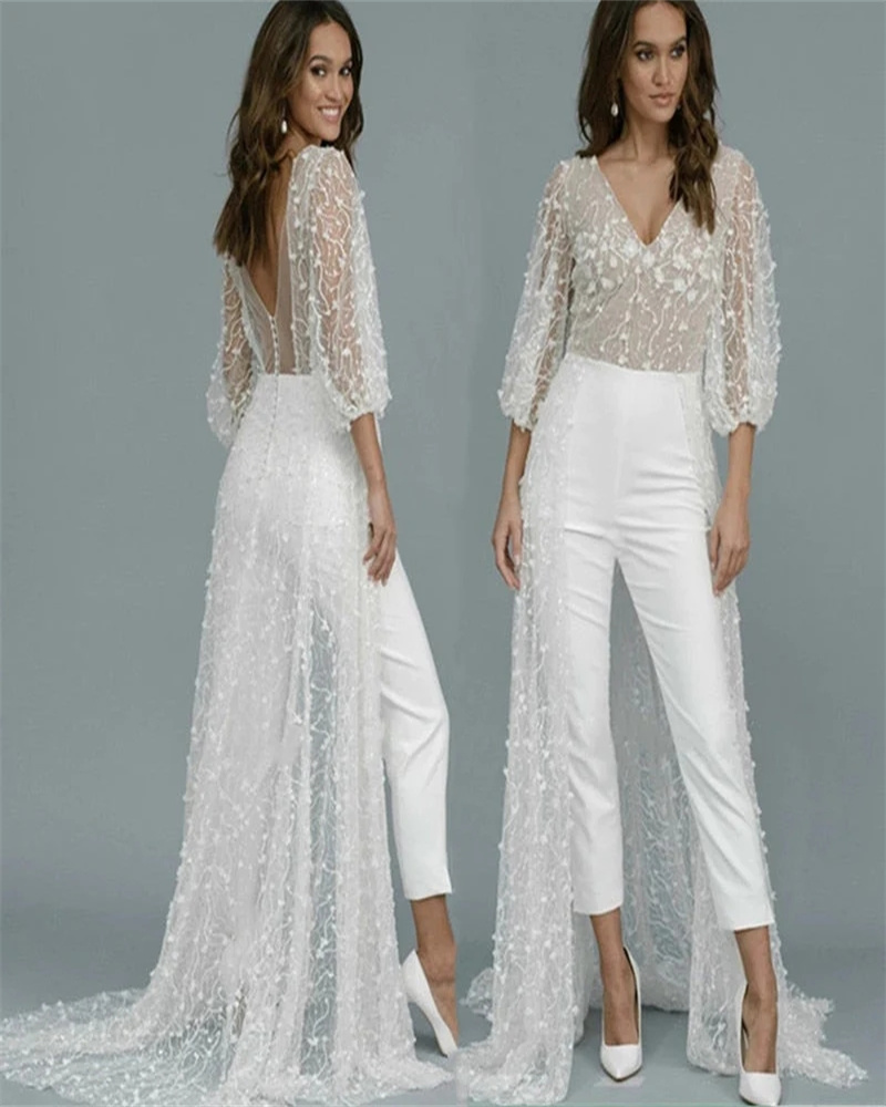 Luxury Jumpsuit Boho Wedding Dress With Train Elegant Overskirt V Neck Garden Bohemian Bridal Dresses With Sleeve Floral Bride vestidos de novia 2023 robe de mariee, White
Luxury Jumpsuit Boho Wedding Dress With Train Elegant Overskirt V Neck Garden Bohemian Bridal Dresses With Sleeve Floral Bride vestidos de novia 2023 robe de mariee, White