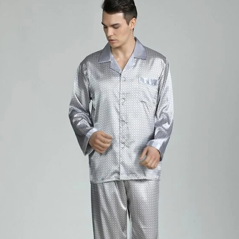 Men's Sleepwear Men Lapel Allover Print Satin Set Home Sleepwear Long Trouser Suit Sleep Two Piece Set Couple Loungewear Fashion Men 230317