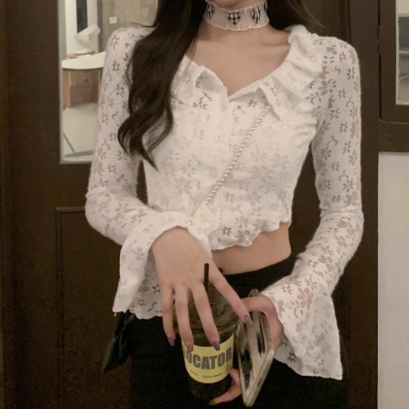 Women' T Shirts Doll Collar Hollow Long-sleeved Slim-fitting Short Lace Autumn Pure Desire Trumpet Sleeves With Bottoming Shirt Women, White
Women' T Shirts Doll Collar Hollow Long-sleeved Slim-fitting Short Lace Autumn Pure Desire Trumpet Sleeves With Bottoming Shirt Women, White