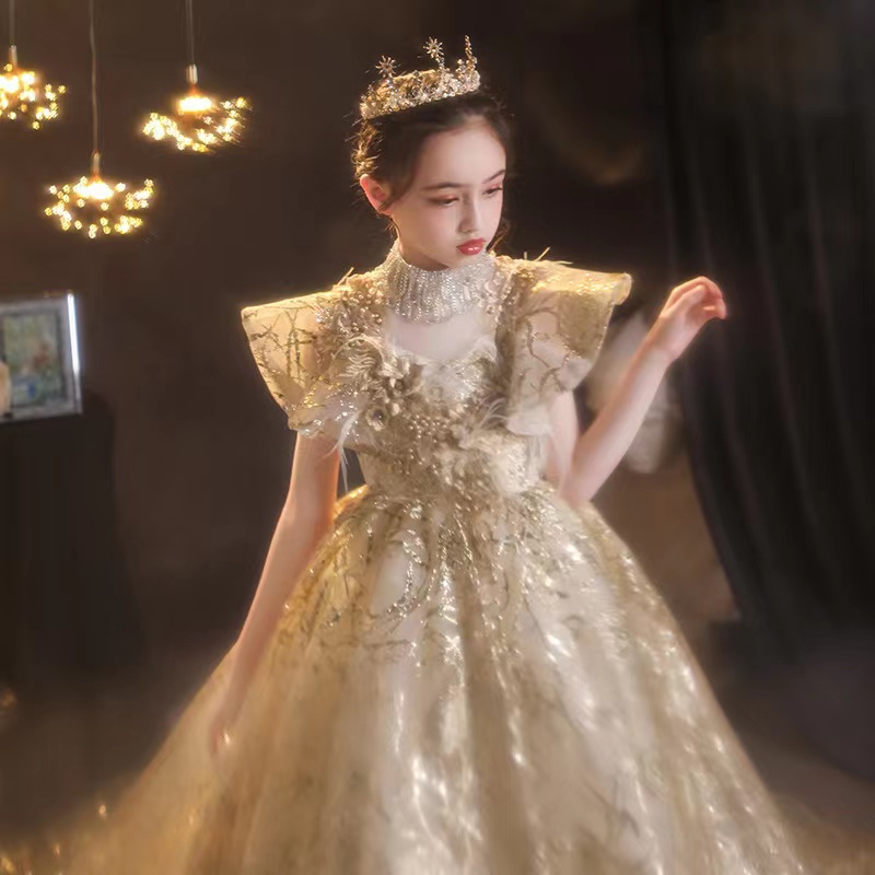Handmade Flower Girls Dresses necklace Bead Princess Kids crystal sequined long tain Bridesmaid Dress princess Girl Pageant Ball Gown Toddler Gowns