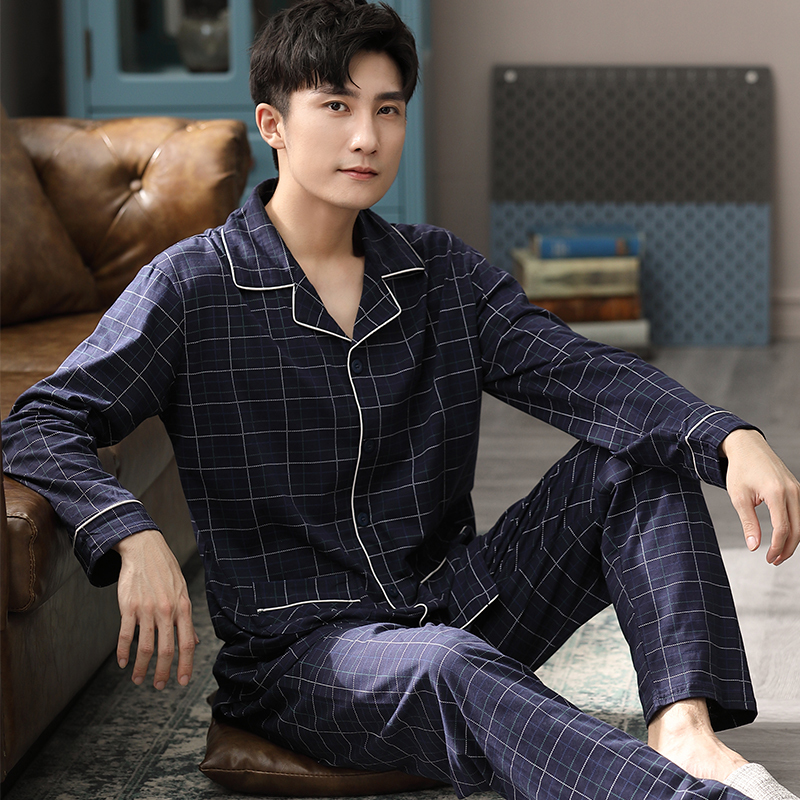 Men's Sleepwear Autumn 100% Cotton Pijama Hombre Lounge Sleepwear Pyjama Femme Plaid Spring Bedgown Home Clothes Man PJs Pure Cotton Pajamas Set 