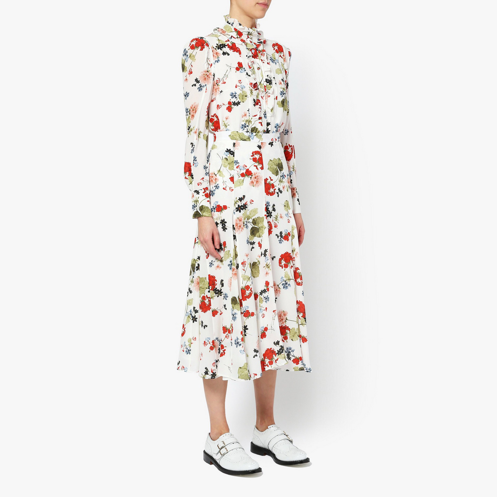 Two Piece Dress ruffled neck long sleeved floral printed white shirt with floral printed skirt
Two Piece Dress ruffled neck long sleeved floral printed white shirt with floral printed skirt