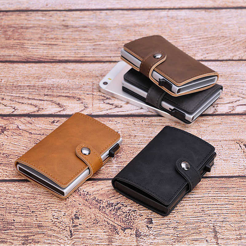 Wallets Blocking Vintage Men Credit Holder Aluminum Alloy Business ID Card Case Automatic Male Metal Leather Cardholder Wallet 2022L230303