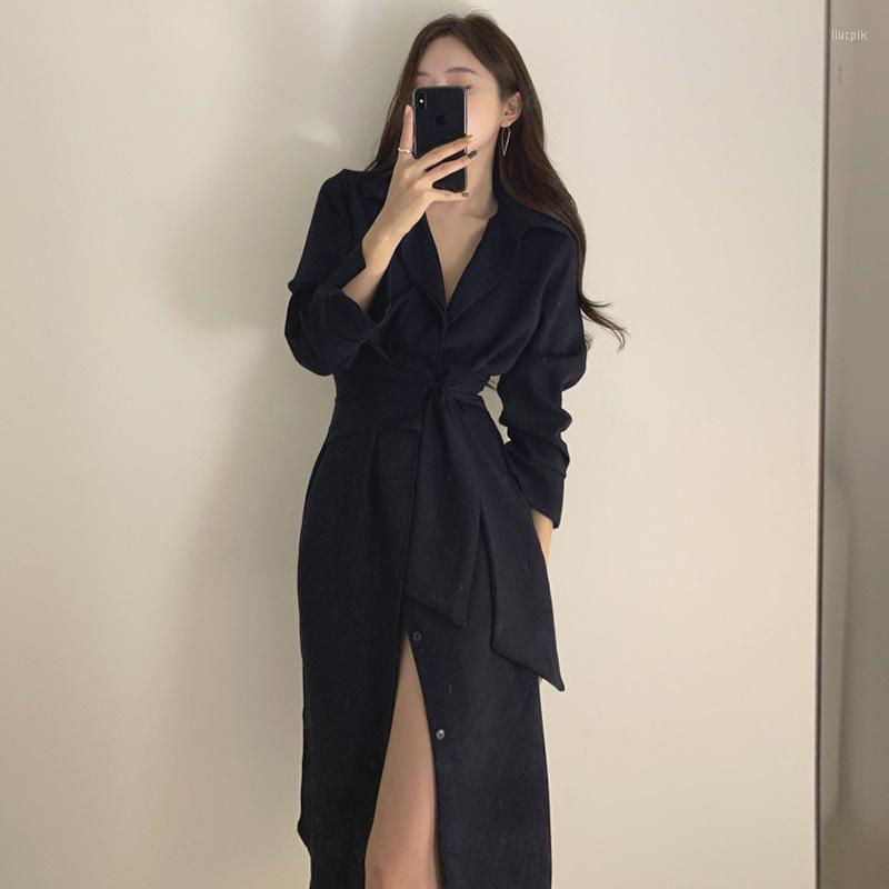 Casual Dresses Korean Version Of The French Style Lightly Cooked Lapel Long Dress Single-breasted Strappy Waist And Thin Mid-length, Black
Casual Dresses Korean Version Of The French Style Lightly Cooked Lapel Long Dress Single-breasted Strappy Waist And Thin Mid-length, Black