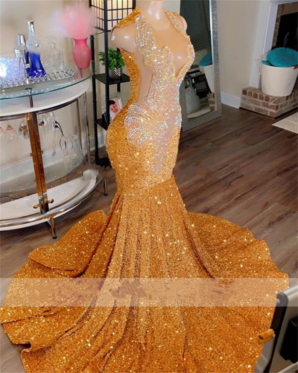 Elegant Orange Sequin Mermaid Prom Dresses For Black Girls Sparkly Crystal Beading Plus Size Formal Birthday Party Gowns Vestidos De Novia Mal Mal